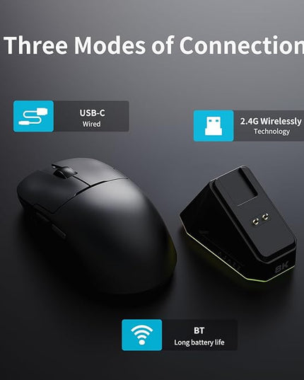 AJ159PRO 8Khz Bluetooth/2.4G/Wired 56G Lightweight Gaming Mouse with Magnetic Charging Dock, PAW3395 Sensor 26KDPI, Huanuo 100 Million Click, 100% ETFE Foot Pad & 8Khz Receiver