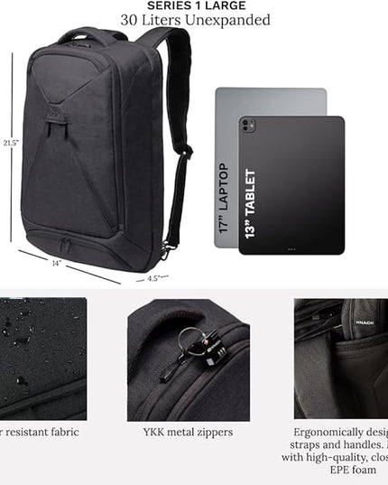 Knack Series 1 Laptop Backpack Fits up to 17 Inch - Knack Bags Carry-On Backpack, TSA Approved, Expandable Travel Backpacks With 4 Day Outfit Capacity (Stealth Black, Large)