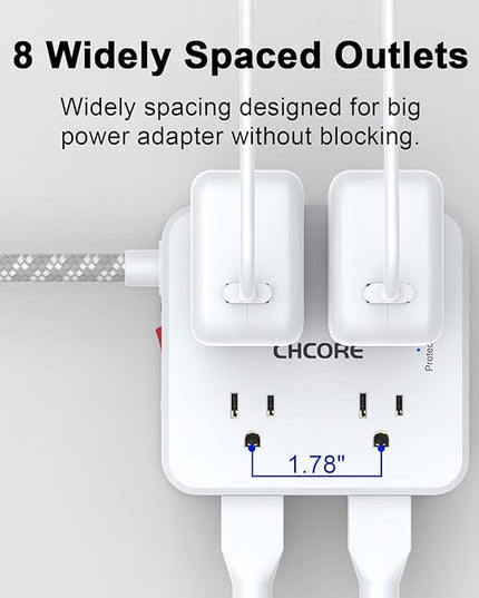 Surge Protector Power Strip - CHCORE 10 Ft Braided Extension Cord with 8 Outlets with 4 USB (2 USB C) Charging Ports, Flat Plug Multi Plug Outlet Extender Charging Station for Home Office, ETL, White