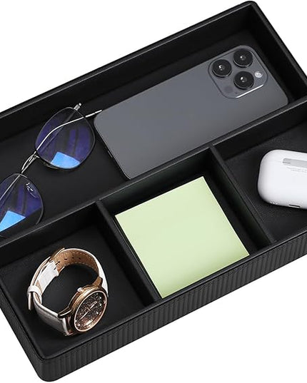 NICLNGSH PU Leather Valet Tray, Decorative Trinket Vanity Desk Drawer Organizer Tray, Perfume Dish Catch All Bowl for Keys, Nightstand Drawer Organizer Women Men with 4 Compartments (Black)