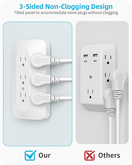 Wall Outlet Extender, 9 Outlet Splitter with 4 USB Ports (2 USB C), Multi Plug Wall Outlet Expander, 3-Sided Wall Charger Power Strip for Home, Office, Dorm, White