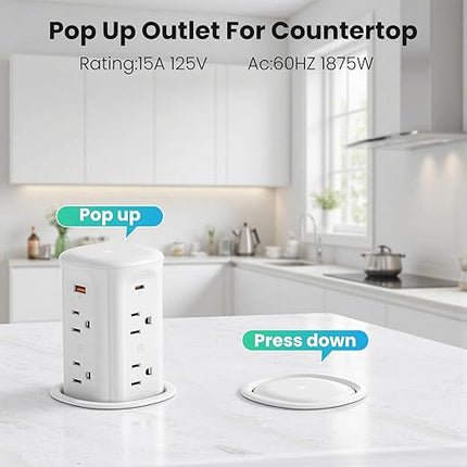 VILONG Pop Up Outlet with 15W Wireless Charger,4 USB Ports,8 Outlets,Space-Saving Concealed Design,Pop up Power Outlet for Conference Table,Kitchen Countertop (ETL Listed)