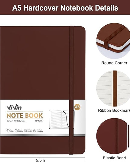 ViVin Lined Journal Notebooks for Work,192 Pages,Medium 5.5 x 8.3 inch,College Ruled,A5 Hardcover Journaling Notebooks for Writing,8 Pack Bulk,Dark Colored Series