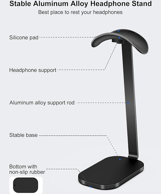 VICHYIE Headphone Stand for AirPods Max, Headset Holder with Aluminum Supporting Rod, Heavy Base Desk Stand Headphones Support Accessory for All Headphones - Black