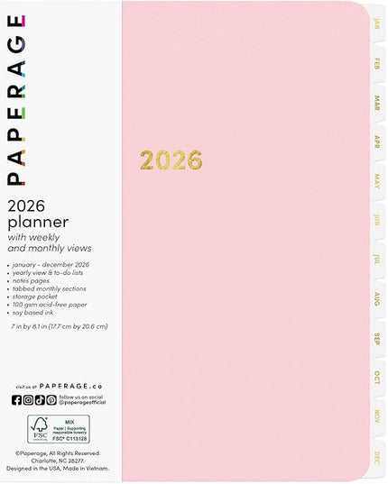 PAPERAGE 2026 Weekly & Monthly Planner, 12 Months (January 2026 - December 2026), 6.6 in x 8.1 in, Spiral Bound 2026 Planner with Weekly, Monthly & Yearly Views, Note Pages & Inner Pocket – Blush