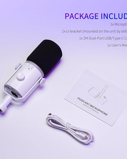FEELWORLD PM1 XLR USB Dynamic Microphone Gifts for Podcast Recording PC Computer Gaming Live Streaming Vocal Voice-Over, Studio Metal Mic with RGB Light, Mute Button, Headphones Jack (White)