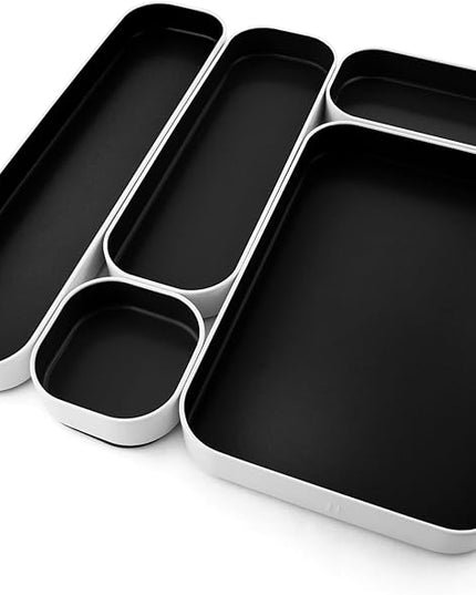 Three by Three Seattle 5 Piece Metal Organizer Tray Set for Storing Makeup, Stationery, Utensils, and More in Office Desk, Kitchen and Bathroom Drawers (1 Inch, Black)