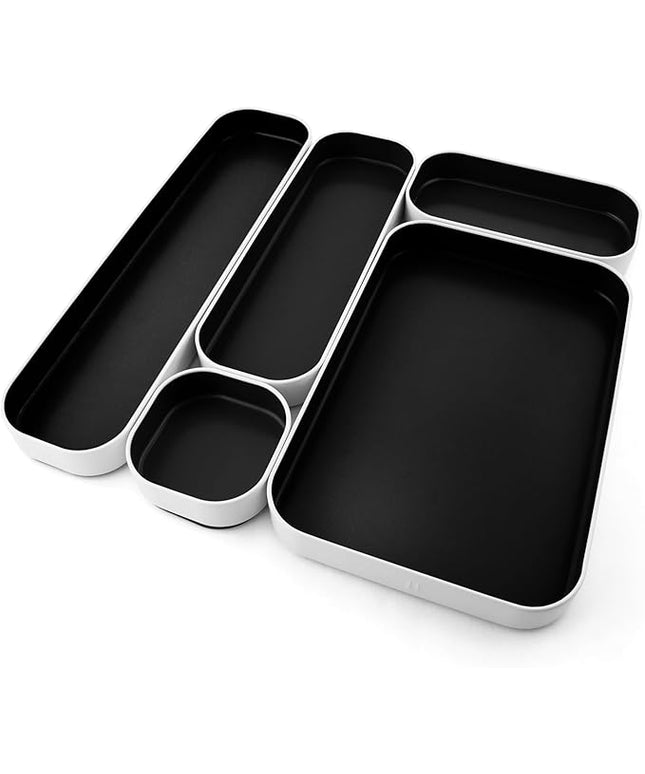 Three by Three Seattle 5 Piece Metal Organizer Tray Set for Storing Makeup, Stationery, Utensils, and More in Office Desk, Kitchen and Bathroom Drawers (1 Inch, Black)