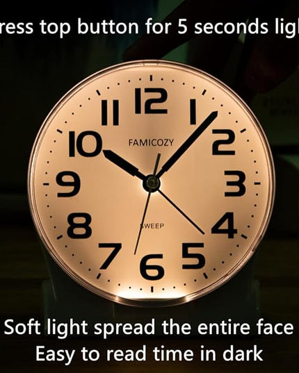 FAMICOZY 4.5" No Ticking Analog Alarm Clock,Silent Readable for Seniors,Easy to Set,Gradual Rise Alarm,Big Numbers,On/Off Switch on Side,Gentle Wake,Snooze Soft Backlight,Battery Operated,White