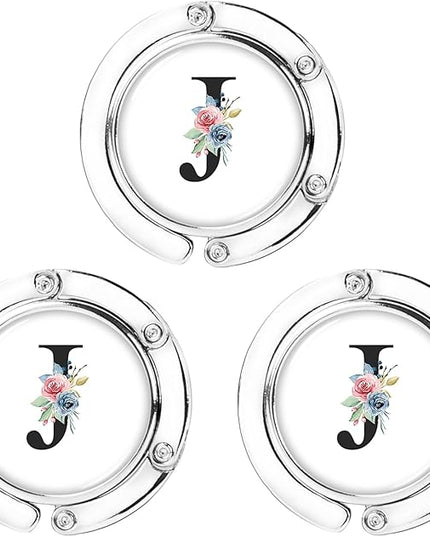 Iqimott 3pcs Personalized Initial Foldable Purse Hook for Table, Flower Letter Folding Handbag Hanger Portable Magnet Table Hook Holder, Collection Desk Purse Hooks for Women Bag (Black-J)