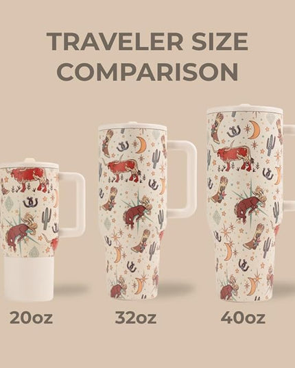HydroJug Traveler - 32 oz Water Bottle with Handle & Flip Straw - Fits in Cup Holder, Leak Resistant Tumbler-Reusable Insulated Stainless Steel & Rubber Base - Gifts for Women & Men, Rodeo