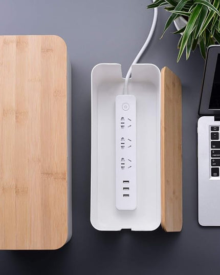 2 Pack Large Cable Management Box – Wooden Style Cord Organizer and Cover for TV Wires, Computer, Router, USB Hub and Under Desk Power Strip – Safe ABS Material and Baby-Pets Proof Lock (White)