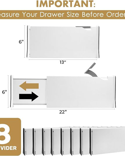 RAPTUROUS Adjustable Deep Drawer Divider – 6" Tall, Expandable 13-22", 8-Pack, Non-Slip Drawer Dividers for Clothes, Dresser, Kitchen & Office Organization (White)