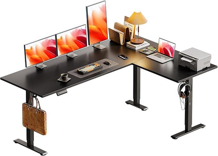 Casaottima 63 Inch Reversible L Shaped Electric Standing Desk, Ergonomic Height Adjustable Desk, Large Lift Corner Stand up Table for Workstation, Home Office, Reception Room, Black