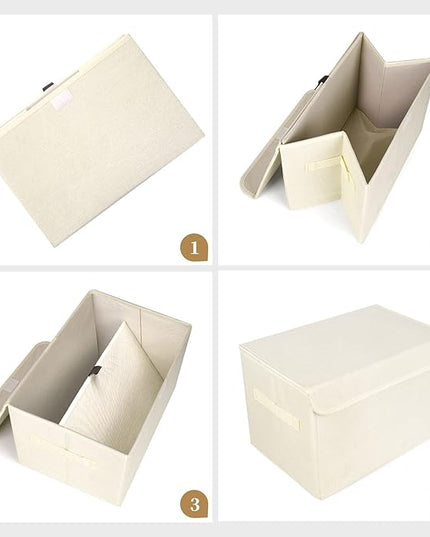 Large 22 Quart [4-Pack] Linen Fabric Foldable Storage Bin Cube Organizer Basket with Flip-Top Lid & Handles, Clothes Blanket Box for Home, Office, Closet (14.6 x 9.5 x 9.5, Beige)