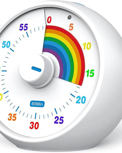 Visual Timer for Kids, 60-Minute Countdown for Classroom Office Kitchen, Desk Timer Kids Time Management Tools with Silent Operation, Pomodoro Timer Rainbow Pattern(White)