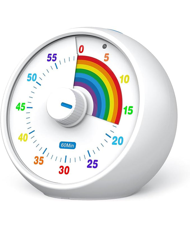 Visual Timer for Kids, 60-Minute Countdown for Classroom Office Kitchen, Desk Timer Kids Time Management Tools with Silent Operation, Pomodoro Timer Rainbow Pattern(White)
