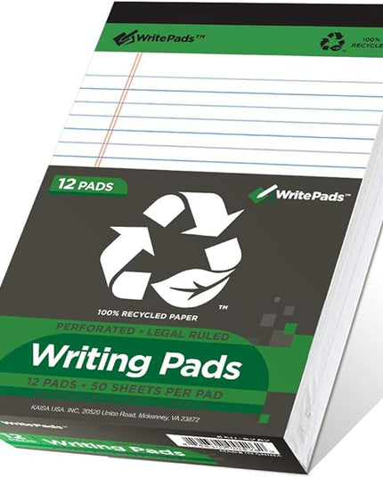 KAISA White Legal Pads Writing Pads Recycled Paper 5"x8" Narrow Ruled Lined Paper Small Legal pad Perforated 50 sheets Hard Back Notepads Writing Tablet For Office Supplies Study (White 12pads)