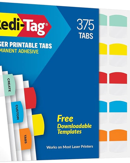 Redi-Tag Laser Printable Tabs, Permanent Index Tabs, Customizable Adhesive Labels, 5 Assorted Colors: Yellow, Red, Blue, Green, Orange, 1.125" x 1.25", 375 Per Pack (B39020)
