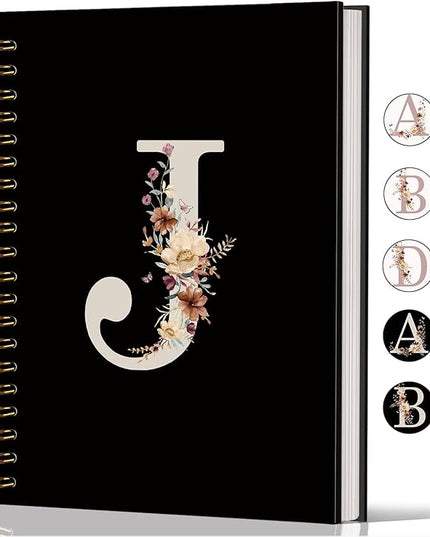 Lacama Black Initial Letter J School Notebook Journal, Cute Wildflower Personalized Spiral Notebook, School Supplies, Customized Monogrammed Gifts, Birthday Gifts for Women, Office Supplies