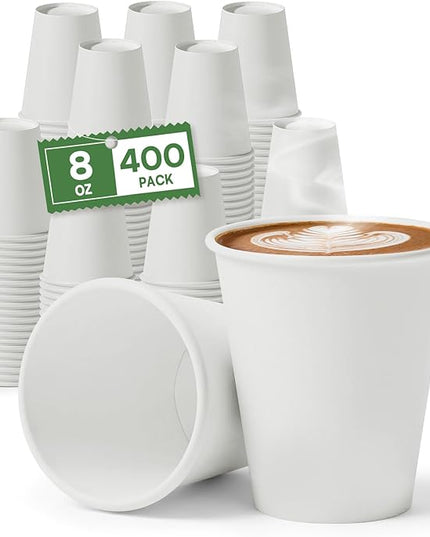 8 oz Paper Coffee Cups Disposable Hot Cups, 400 Pack Leak Proof White Paper Cups, 300GSM Thickened Small Disposable Cups, Bulk Coffee Cups for Everyday Home Office Coffee Bar Supplies Party Essentials