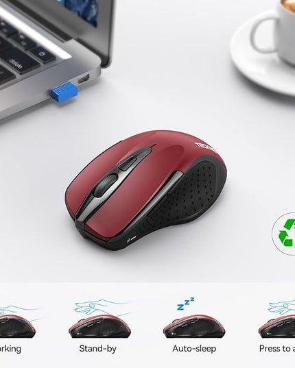 TECKNET Wireless Mouse (2.4G & BT5.0/3.0) Silent 4800 DPI Computer USB A & Bluetooth Mouse 6 Buttons, Wide Compatibility - Red