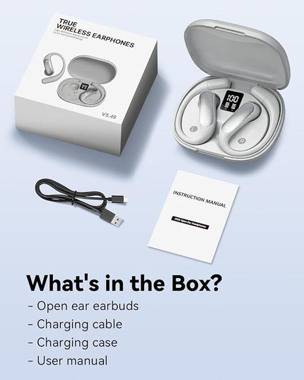 Wentronic Open Ear Headphones, Wireless Earbuds Bluetooth 5.4 with Digital Display, Secure Earhook, 48H Playtime, Enhanced Sound, Clear Calls, IP55 Waterproof Ultra-Light Sports Headphones - Silver