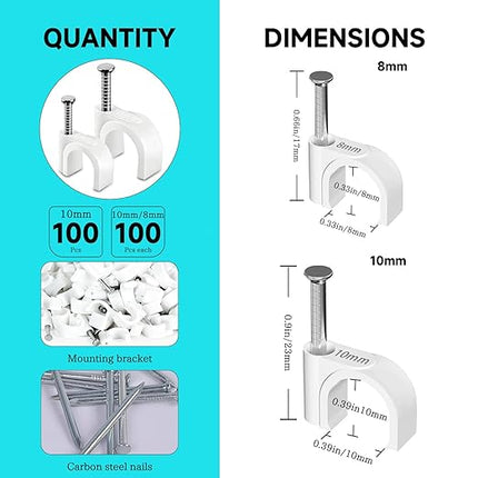 200PCS Cable Staples,10mm 8mm Cable Clips White,Wire Wall Clips with Steel Nails,for Round Ethernet Cable Tacks Electrical Wire TV Cable Speaker Wire Coax Clips (100Pcs 10mm+100Pcs 8mm)