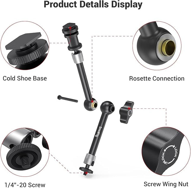 SMALLRIG Articulating Rosette Arm Max 11'' Long with Cold Shoe Mount & Standard 1/4"-20 Threaded Screw Adapter - 1498