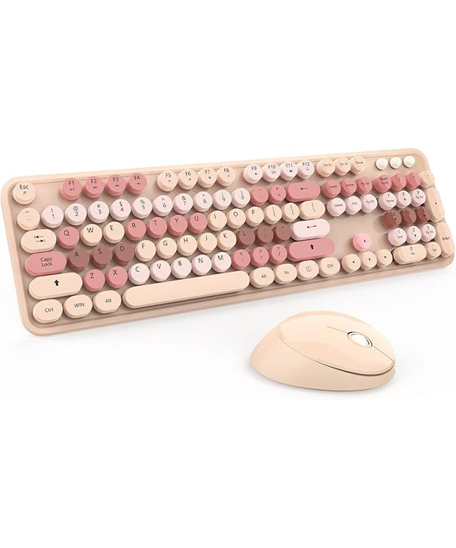 Wireless Keyboard and Mouse, KOOTOP Cute Keyboard and Mouse, 2.4G Wireless Keyboard with Retro Round Keycap for PC, Mac, Laptop,Computer Windows (Milk Tea)