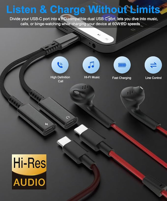 USB C Splitter, Dual USB C Headphone Jack Adapter and Charger, 2in1 Type C Audio Adapter with PD 60W Fast Charging Dongle Cable for iPhone 16 15 Pro Max Plus, Samsung Galaxy S25 S24 Ultra More USBC