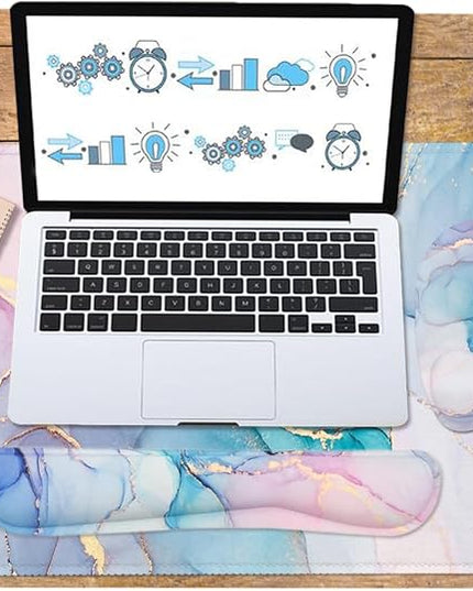 Keyboard Wrist Rest Large Mouse Pad Wrist Support for Computer, 4 in 1 Memory Foam Keyboard Pad Desk Mat Ergonomic Hand Rest Wrist Cushion for Home Office Gaming - Blue Marble