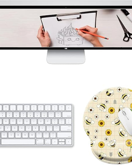 Sunflower Bee Ergonomic Mouse Pad with Wrist Rest, Cute Gel Mousepad Wrist Support, Computer Gaming Mouse Pad with Pain Relief Non-Slip PU Base for Desk Accessories Office Decor Supplies