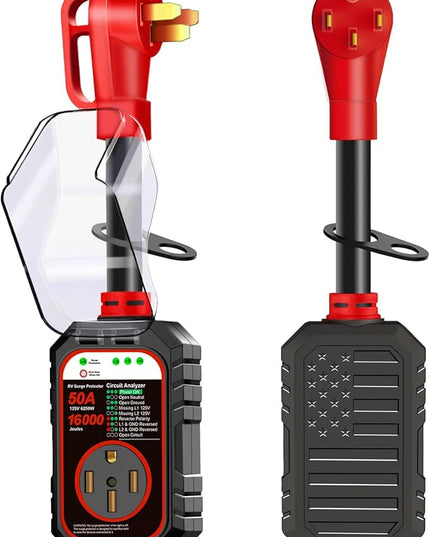 RV Surge Protector 50 Amp Flag Design - Upgraded 16000J Power Surges Voltage Protection Circuit Analyzer IP68 Waterproof Cover for 50A RVS Camper Trailer Must Haves (50Amp, Red)