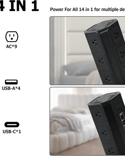 EP Power Strip Tower with USB Ports Surge Protector,Power Cord with 9 AC Outlet and 4 USB (3A 1C), 6 FT Extension Cord with Multiple Outlets, Charging Station for Home Office Dorm