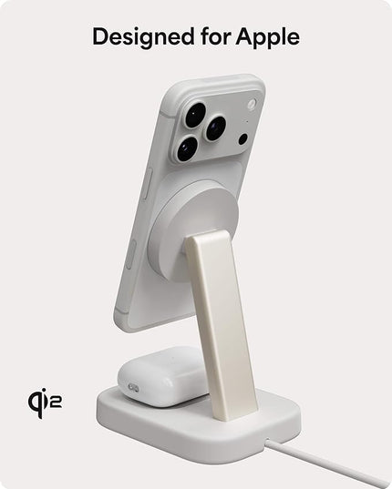 Mophie 2-in-1 Wireless Charging Stand - Qi2-Certified, MagSafe Charger for iPhone & AirPods – Fast Charging Station with Adjustable Phone Stand & Cable Management – Up to 15W Power