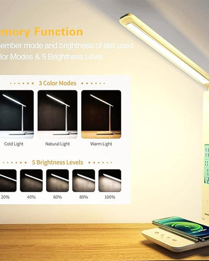 IHAO Multi-Functional Desk Lamp 10W Qi Wireless Charger 3 Color Modes 5 Brightness Levels Eye-Caring LED Light Faux Leather Finish Calendar Temperature Display Office Table Lamp TX26 Black