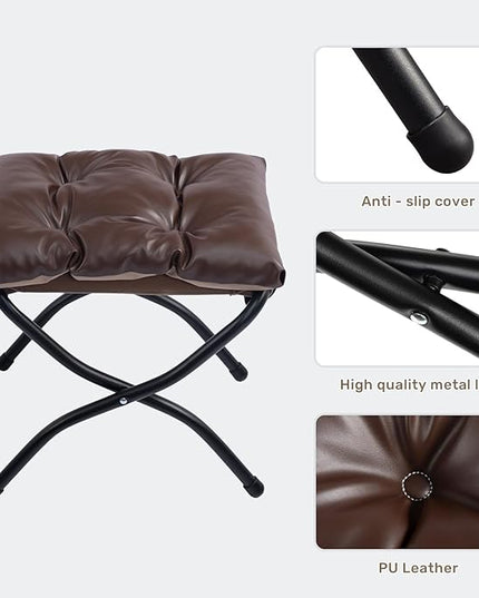 HollyHOME 15" H Folding Footrest Stool,Upholstered Foldable Ottoman with Padded Design. Features Metal Frame for Portability. Ideal for Sofas, Lazy Chairs,Living Room,Bedroom.PU Brown