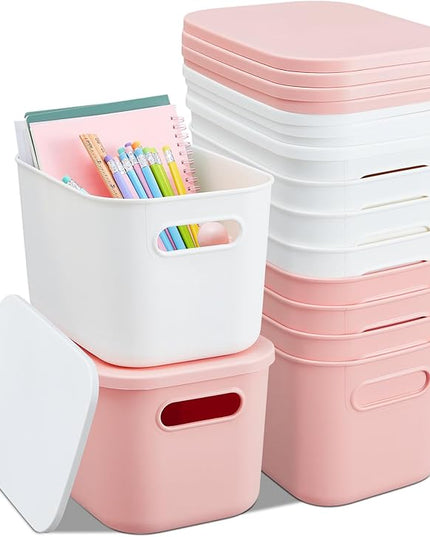 Hoolerry 8 Pieces Colorful Storage Bins with Lid, Plastic Storage Basket Organizing Container Stackable Box with Handle for Shelves Desktop Playroom Office(9.8 x 7.1 x 6.3 Inch,White and Pink)