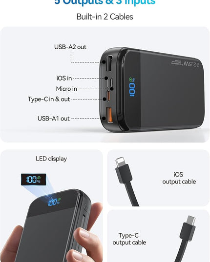 Portable Charger Power Bank Built-in Cables, 32000mAh 22.5W USB C Fast Charging, 5 Outputs 3 Inputs Travel Essentials Battery Pack Compatible with iPhone, iPad, Samsung, Google Pixel, Black