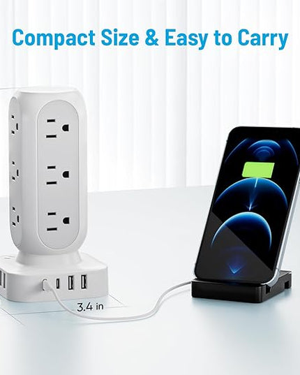 65W Fast Charging Station, Flat Plug Power Strip Tower with 12 AC Outlets & 8 USB Ports (2 PD USB-C Ports), 10FT Extension Cord, Compatible for MacBook Pro, iPhone Series.