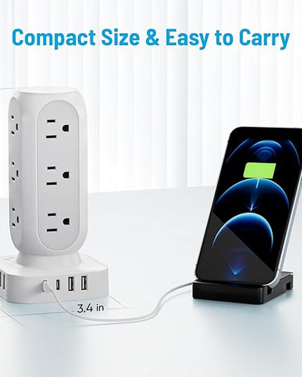 Tower Surge Protector Power Strip, 10FT Extension Cord with Multiple Outlets, Flat Plug Outlet Extender with 12 AC Outlets & 8 USB Ports, 24W Total Charging Station for Home Office Dorm Room