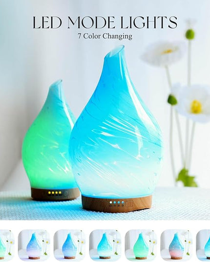 Porseme 280ml Essential Oil Diffuser Glass Color Changing Aroma Air Diffusers Aromatherapy Ultrasonic Cool Mist Humidifier 7 Running Hours Waterless Auto-off for Sleeping, Yoga, Office, Spa(Blue Wave)