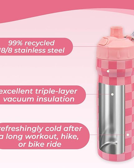 Magnetic Water Bottle with Straw 18 oz - Stainless Steel Insulated Tumbler for Gym & Bike (Fits Holders) - Leak Proof Pop-Up Lid, 2-in-1 Sip or Chug, Handle & Cute Pink Checkered Print