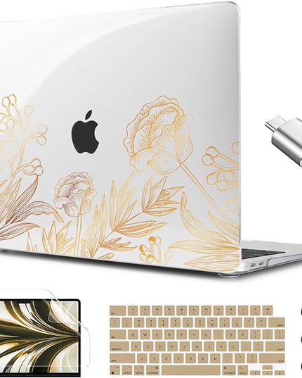 CISSOOK for MacBook Air 13.6 inch Case A3240 A2681 A3113 Release 2022 2023 2024 2025, Plastic Hard Shell Case Keyboard Cover for MacBook Air 13 inch M2 M3 M4, Gold Floral Blossom