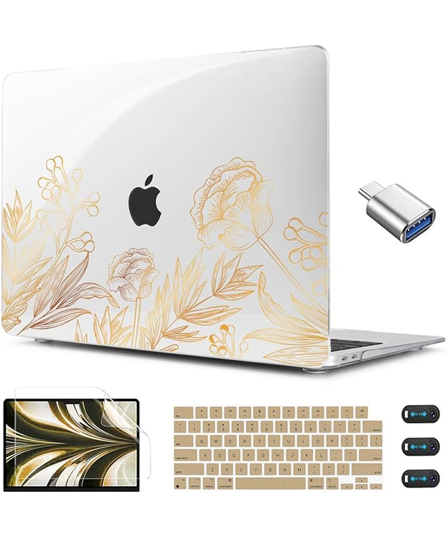 CISSOOK for MacBook Air 13.6 inch Case A3240 A2681 A3113 Release 2022 2023 2024 2025, Plastic Hard Shell Case Keyboard Cover for MacBook Air 13 inch M2 M3 M4, Gold Floral Blossom