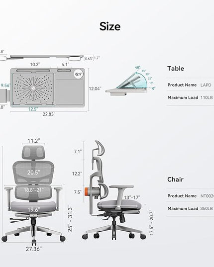 Newtral Ergonomic Mesh Office Chair with Footrest,Laptop Desk, Adaptive Lumbar Support, High Back Desk Computer Chair with Soft 4D Armrest,Adjustable Headrest,136°Tilt Function for Home & Office