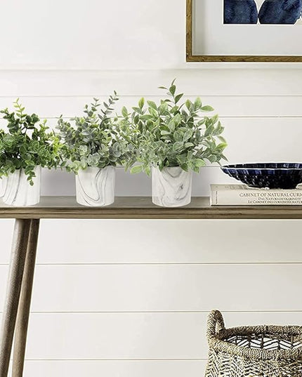Hollyone Mini Artificial Potted Plants Fake Plants in Marble Pots, 3Pcs Plastic Eucalyptus Greenery Faux Plants for Home Office Desk Room Centerpiece Shelf Décor