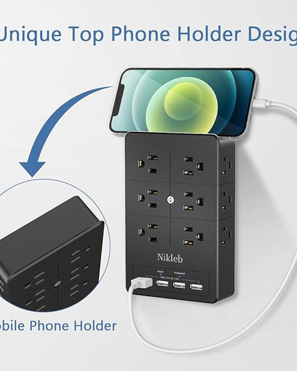 Surge Protector Nikleb, Wall Outlet with 4 USB Ports 5V 4.8A Total, 12 Multi Outlet Extender, Multiple USB Plug Adapter Wall Mount, Phone Chargier Organizer with Phone Holder, Heavy Duty