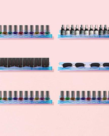 15" Nail Polish Rack Wall Mounted Floating Shelves Acrylic Paints Gel Polish Organizer and Storage with End Caps for Kid Room, Books, Nail Techs, Art Lovers, Great Display Salons, Rainbow